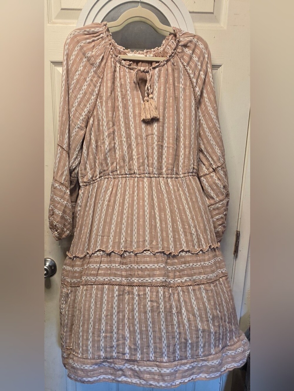 Boho Tassel Tie Long Sleeve Midi Dress in Cream/Beige